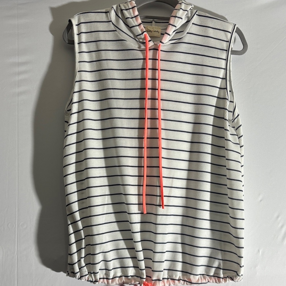Striped Sleeveless Hoodie with orange  Drawstrings